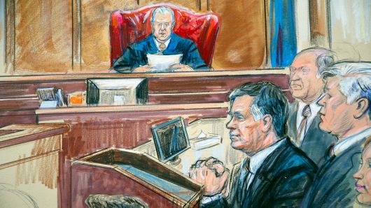 This courtroom sketch shows Paul Manafort listening to U.S. District court Judge T.S. Ellis III at federal court in Alexandria, Va., Tuesday, Aug. 21, 2018. 