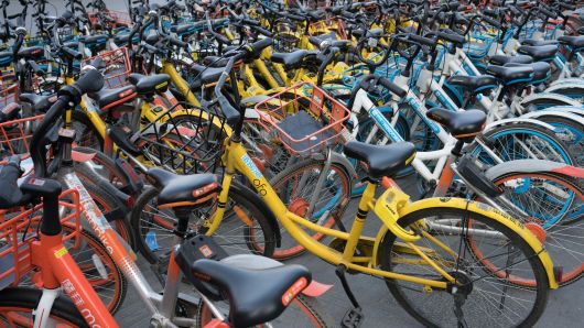 Bicycles from Chinese bike-sharing companies like Ofo, Mobike and Hellobike