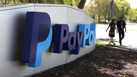 A sign is posted outside of the PayPal headquarters on April 9, 2018 in San Jose, California. 
