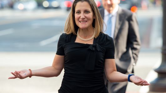 Canadian Foreign Minister Chrystia Freeland arrives for trade talks at the office of the US Trade Representative in Washington, DC, August 29, 2018. 