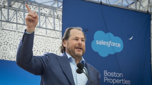 Salesforce co-CEO Marc Benioff speaks at the grand opening of the Salesforce Tower in San Francisco in May 2018. 