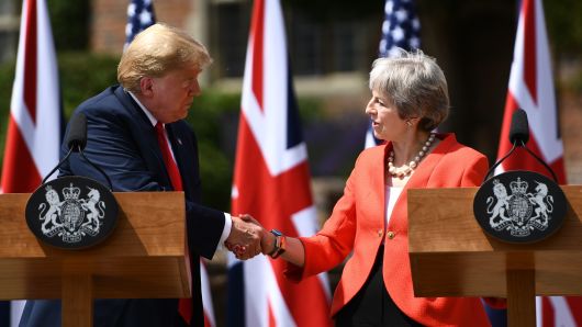 U.S. President Donald Trump (L) and U.K. Prime Minister Theresa May at a press conference following their meeting at Chequers, the prime minister’s country residence, on July 13, 2018.