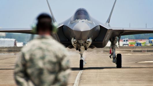 A U.S. Air Force F-35 Lightning II joint strike fighter approaches at Eglin Air Force Base, Florida.