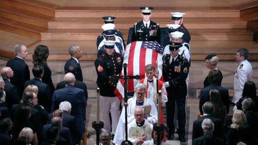 The casket is pictured leaving the memorial service of U.S. Senator John McCain (R-AZ) at National Cathedral in Washington, U.S., September 1, 2018. 