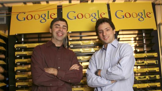 Larry Page (L), Co-Founder and President, Products, and Sergey Brin, Co-Founder and President, Technology, at Google's campus headquarters.