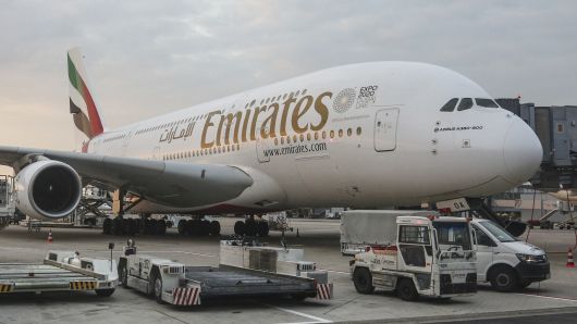 An Emirates Airbus A380 docked at Dusseldorf Airport in Germany on August 21, 2018. 