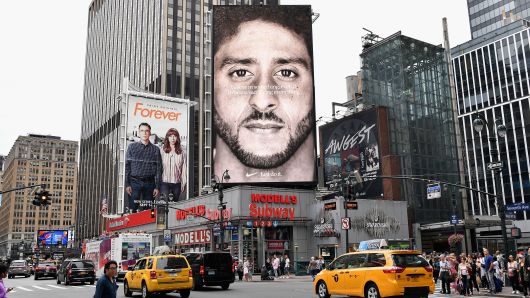A Nike Ad featuring American football quarterback  Colin Kaepernick is on diplay September 8, 2018 in New York City.