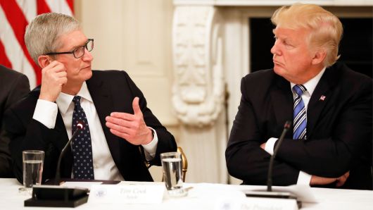 Tim Cook, Chief Executive Officer of Apple, speaks as President Donald Trump listens during an American Technology Council roundtable in the State Dinning Room of the White House, Monday, June 19, 2017, in Washington.