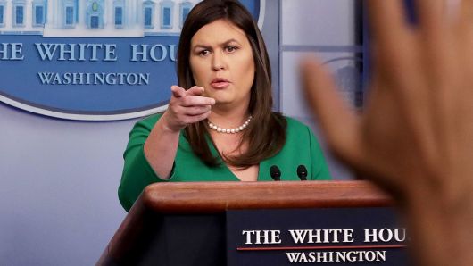 WASHINGTON, DC - AUGUST 15:  White House Press Secretary Sarah Huckabee Sanders calls on reporters during a news conference in the Brady Press Briefing Room at the White House August 15, 2018 in Washington, DC. 