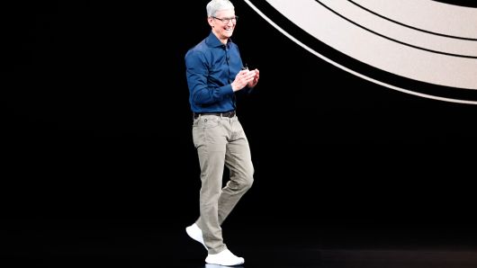 Tim Cook, CEO of Apple, speaks on stage for the start of an Apple Inc product launch event at the Steve Jobs Theater in Cupertino, California, September 12, 2018. 