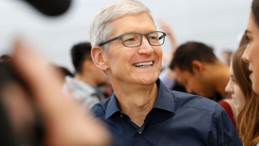 Tim Cook, CEO of Apple, smiles during a demonstration of the newly released Apple products following the launch event at the Steve Jobs Theater in Cupertino, California, September 12, 2018.