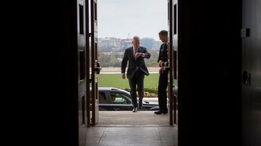 Defense Secretary James Mattis walks into the Pentagon in Washington, D.C., April 11, 2018.