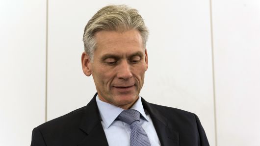 Thomas Borgen, chief executive officer of Danske Bank A/S, pauses during a news conference in Copenhagen, Denmark, on Wednesday, Sept. 19, 2018. Borgen will step down amid allegations his bank was at the center of a major European money laundering scandal with as much as $234 billion flowing through a tiny unit in Estonia. 