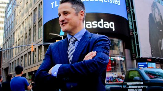 Brendan Kennedy, CEO and founder of British Columbia-based Tilray Inc., a major Canadian marijuana grower, poses outside the Nasdaq on Thursday, July 19, 2018, in New York.