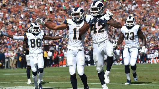 Los Angeles Rams (42) John Kelly (RB) celebrates after running the ball for a touchdown during an NFL preseason game between the Houston Texans and the Los Angeles Rams on August 25, 2018 at the Los Angeles Memorial Coliseum in Los Angeles, CA. 