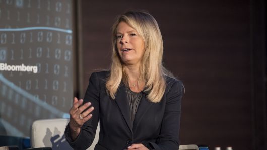 Nicole Eagan, chief executive of DarkTrace, speaks at a conference in San Francisco, California, U.S.