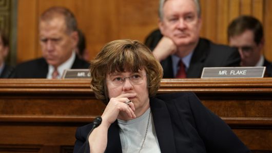 Rachel Mitchell, chief of the Special Victims Division of the Maricopa County attorney's office in Arizona, listens to Dr. Christine Blasey Ford testify at a U.S. Senate Judiciary Committee hearing at the Dirksen Senate Office Building on Capitol Hill September 27, 2018 in Washington, DC. 