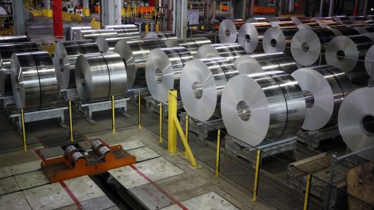 Aluminum coils sit on the floor of the Arconic Inc. manufacturing facility in Alcoa, Tennessee.