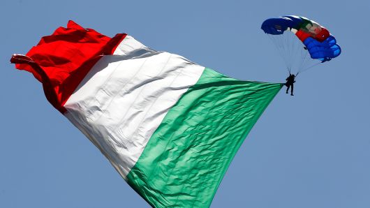 DATE IMPORTED:June 02, 2018An Italian Army parachutist hoists the Italian flag during the Republic Day military parade in Rome, Italy, June 2, 2018.