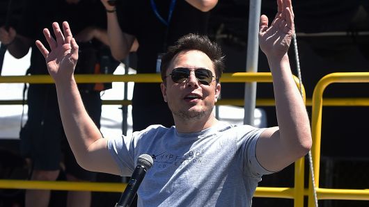 SpaceX, Tesla and The Boring Company founder Elon Musk speaks at the 2018 SpaceX Hyperloop Pod Competition, in Hawthorne, California on July 22, 2018. 