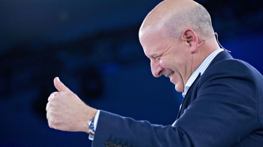 David Solomon, co-president and co-chief operating officer of Goldman Sachs Group Inc., gives a thumbs-up during a discussion at the Goldman Sachs 10,000 Small Businesses Summit in Washington, D.C.,