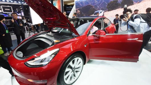 A Tesla Model 3 car is on display during the Auto China 2018 at China International Exhibition Center on April 25, 2018 in Beijing, China. 