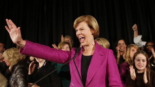 U.S. Senate candidate U.S. Rep. Tammy Baldwin (D-WI) celebrates her victory over Republican candidate Tommy Thompson as she enters the stage on election night on November 6, 2012 in Madison, Wisconsin. 