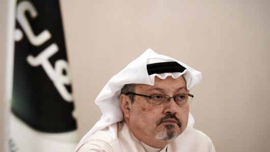 Saudi dissident Jamal Khashoggi during a press conference in the Bahraini capital Manama, on December 15, 2014.
