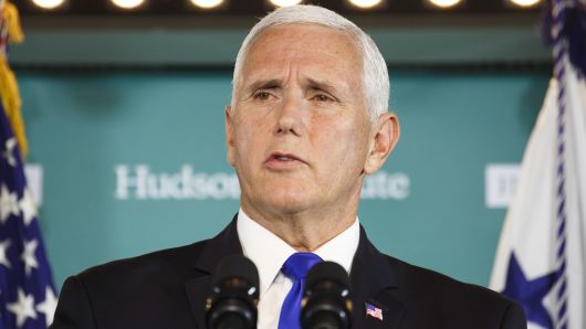 Vice President Mike Pence speaks at the Hudson Institute in Washington, D.C., U.S., on Thursday, Oct. 4, 2018. Pence laid out allegations of Chinese election interference in a harshly worded speech Thursday, signaling a firmer U.S. pushback against Beijing as trade anxiety weighs on the looming midterm congressional elections. 