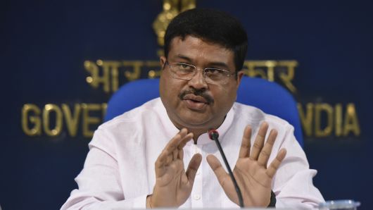 Minister of Petroleum & Natural Gas and Skill Development & Entrepreneurship, Dharmendra Pradhan gestures as he brief the media about the achievements of Ministry of Petroleum & Natural Gas and Ministry of Skill Development & Entrepreneurship in past 4 years at Shastri Bhawan  on June 6, 2018 in New Delhi, India.
