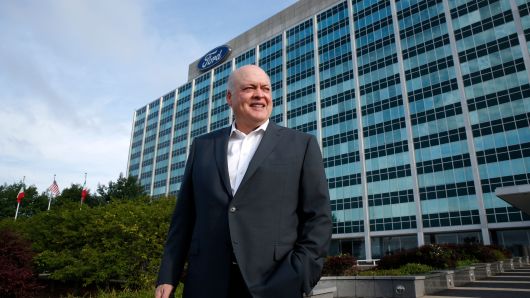 Jim Hackett, president and chief executive officer, Ford Motor stands outside the headquarters as they celebrate the production of the 10,000,000 Mustang on August 8, 2018 in Dearborn, Michigan. 