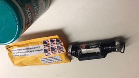 A package containing a "live explosive device" according to police, received at the Time Warner Center which houses the CNN New York bureau, in New York City, U.S. is shown in this handout picture provided October 24, 2018. 