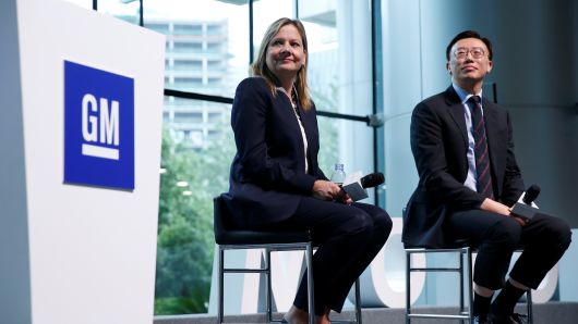 General Motors Chairman & CEO Mary Barra (L) and President of General Motors China Matt Tsien attend a press conference in Shanghai, China September 15, 2017.