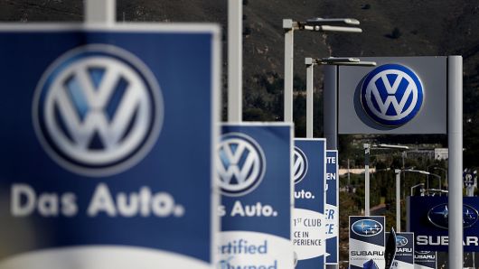 The Volkswagen logo is displayed at Serramonte Volkswagen on November 18, 2016 in Colma, California.