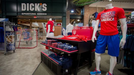 Mannequins stand next to merchandise displayed for sale at a Dick's Sporting Goods Inc. store in West Nyack, New York.