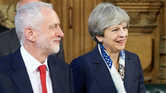 Britain's Prime Minister Theresa May (R) and Britain's main opposition Labour Party leader Jeremy Corbyn (L)