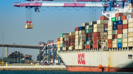 Cargo ship at the Long Beach Container Terminal at the Port of Long Beach in Long Beach, California.