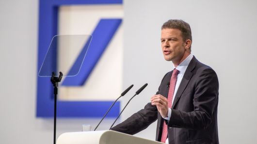 Christian Sewing, the new CEO of Deutsche Bank, speaks at the Deutsche Bank annual shareholders' meeting on May 24, 2018 in Frankfurt, Germany. Shareholders, frustrated by years of poor performance by Deutsche Bank, are calling for Achleitner to step down.