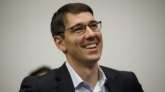 Josh Harder, Democratic U.S. Representative candidate from California, smiles during a campaign rally with former U.S. President Barack Obama, not pictured, in Anaheim, California, U.S., on Saturday, Sept. 8, 2018. 