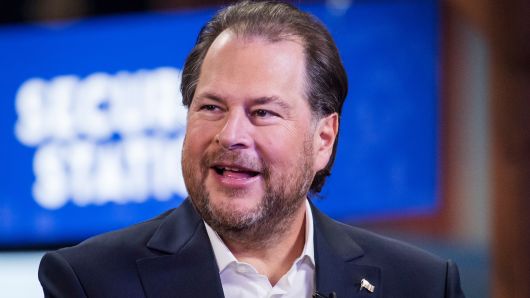 Marc Benioff, chairman and co-CEO of Salesforce, speaks during a Bloomberg Television interview at the Dreamforce conference in San Francisco on Sept. 25, 2018.