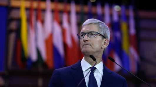 Tim Cook, CEO of Apple Inc talks at the Debating Ethics event at the European Parliament in Brussels on October 24, 2018. 