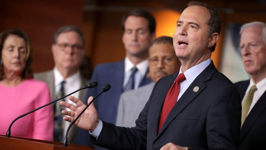 House Intelligence Committee ranking member Rep. Adam Schiff (D-CA) speaks during a news conference with Democratic members of the committee about the Trump-Putin Helsinki summit in the U.S. Capitol Visitors Center July 17, 2018 in Washington, DC. 