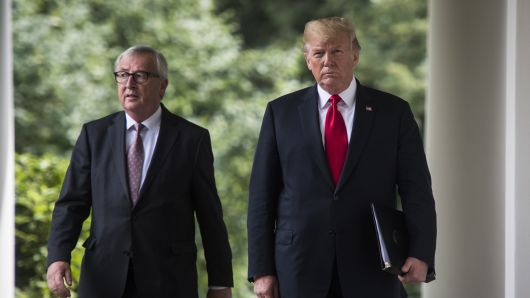 President Donald J. Trump and Jean-Claude Juncker President of the European Commission walk out for a joint statement about how the US will work with the European Union to try and eliminate trade tariffs, in the Rose Garden of the White House on Wednesday, July 25, 2018 in Washington, DC.