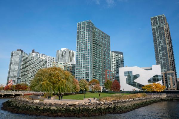 A view of the waterfront of Long Island City in the Queens borough of New York, along the East River, on November 7, 2018. 