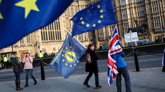 Pro-EU protesters demonstrate against Brexit with flags outside the House of Parliament on November 13, 2018 in London, England. 