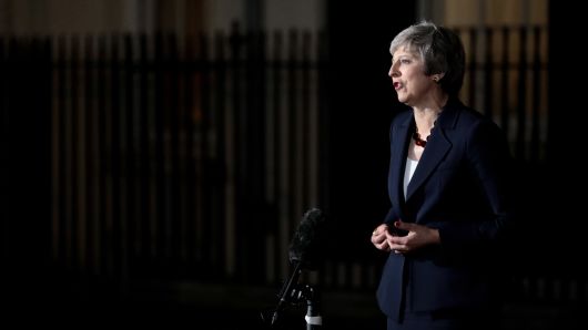 LONDON, ENGLAND - NOVEMBER 14:  British Prime minister, Theresa May delivers a Brexit statement at Downing Street on November 14, 2018 in London, England. Theresa May addresses the nation after her cabinet of senior ministers met and approved the wording of the draft Brexit agreement which will see the UK leave the European Union on March 29th 2019.  (Photo by Jack Taylor/Getty Images)