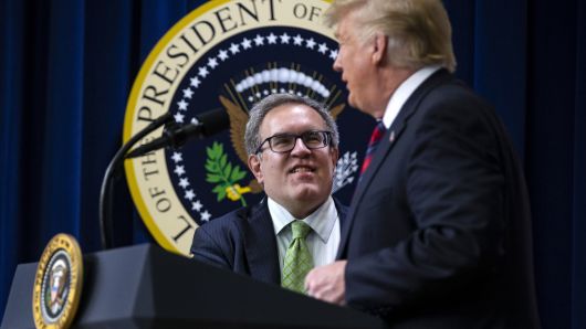Andrew Wheeler, acting administrator of the Environmental Protection Agency (EPA), arrives on stage with President Donald Trump during the White House State Leadership Day conference in Washington, D.C., on Tuesday, Oct. 23, 2018. 