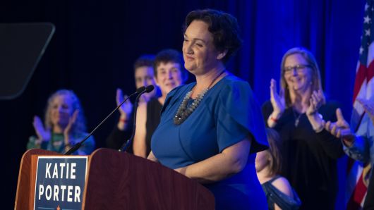 Katie Porter, the Democratic candidate for the 45th Congressional District, speaks to supporters on election night at the Hilton Irvine in Irvine on Tuesday, November 6, 2018. 