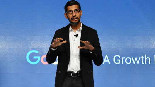 Sundar Pichai, chief executive officer of Google Inc., speaks during a news conference in New Delhi, India, on Wednesday, Jan. 4, 2017. 