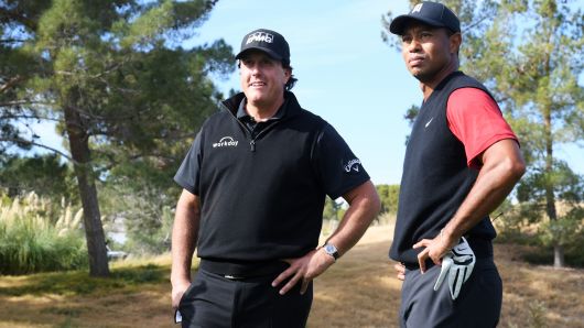 Tiger Woods and Phil Mickelson look on prior to The Match: Tiger vs Phil at Shadow Creek Golf Course on November 23, 2018 in Las Vegas, Nevada. 